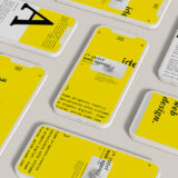 Un mockup di più smartphone bianchi disposti su una superficie grigia, mostrando il design di un sito web con uno sfondo giallo vivace e testi neri. Il sito web appartiene a un'agenzia di sviluppo web e UI/UX design chiamata Ctrl+F, con elementi tipografici evidenti e un layout moderno e minimalista.