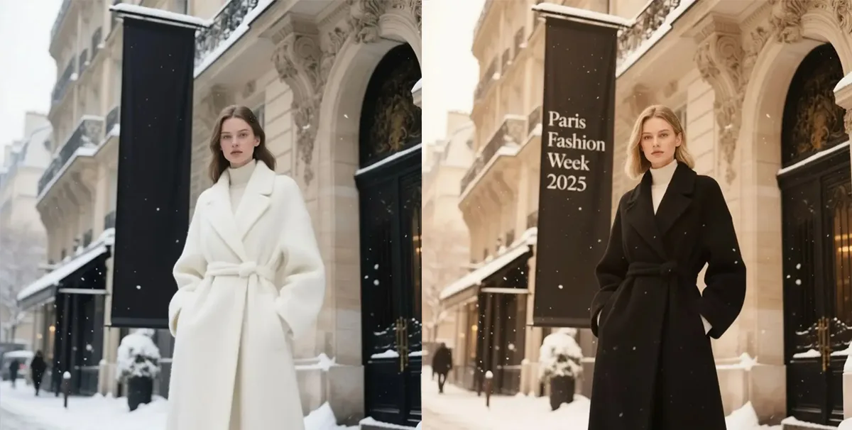 Modella con cappotto bianco e modella con cappotto nero davanti a edificio storico invernale
