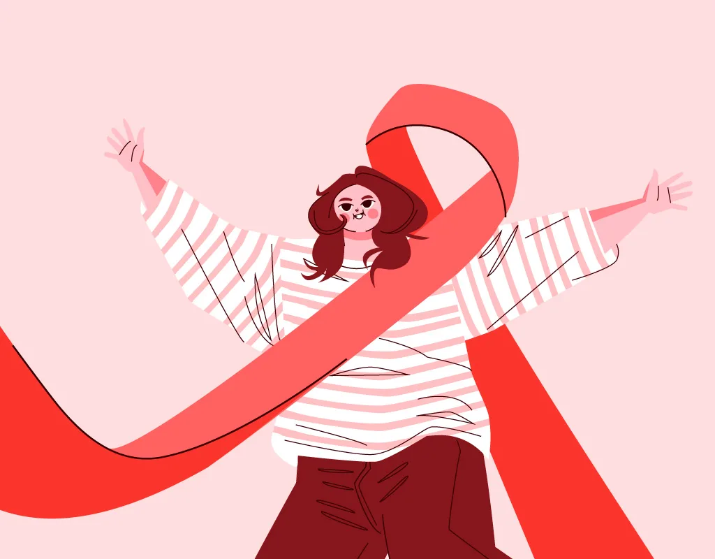 Illustrazione di una donna sorridente con fiocco rosso simbolo della lotta contro l'AIDS che la avvolge, su sfondo rosa.