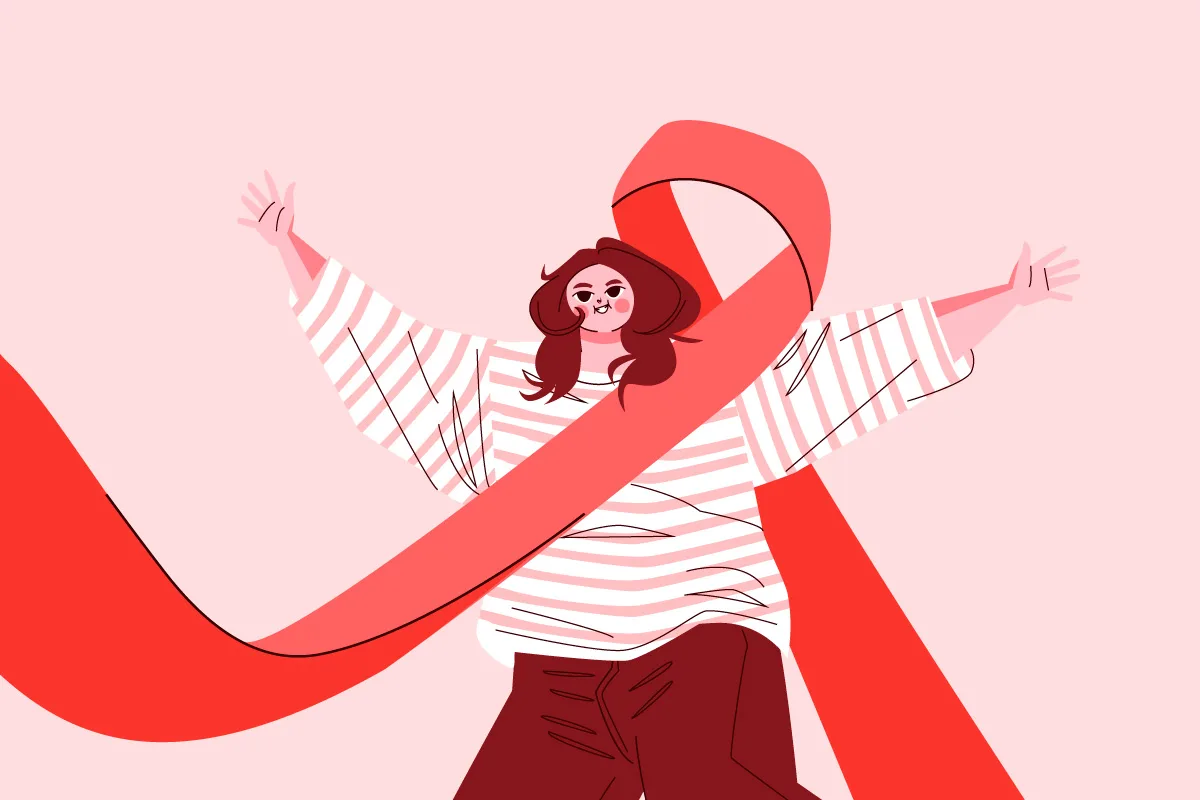 Illustrazione di una donna sorridente con fiocco rosso simbolo della lotta contro l'AIDS che la avvolge, su sfondo rosa.
