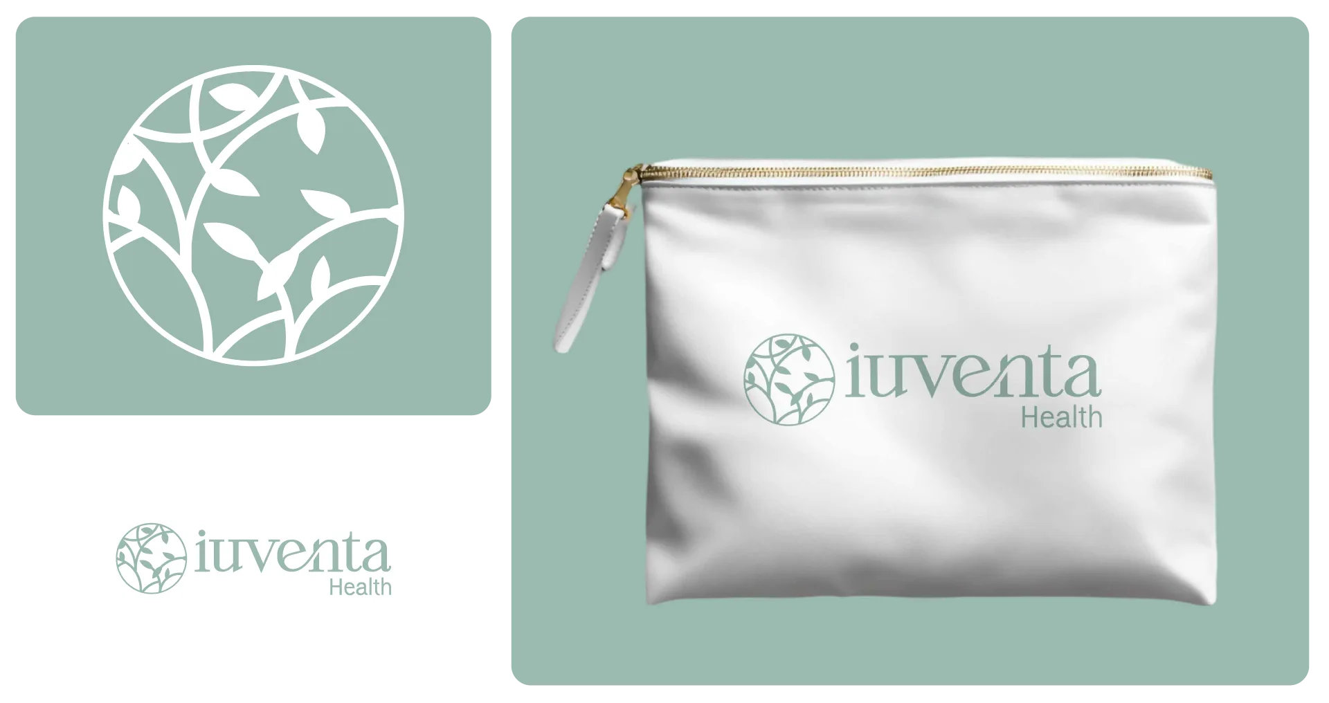Logo IUVENTA Health: simbolo circolare con rami stilizzati su pouch bianca, design elegante e minimalista.