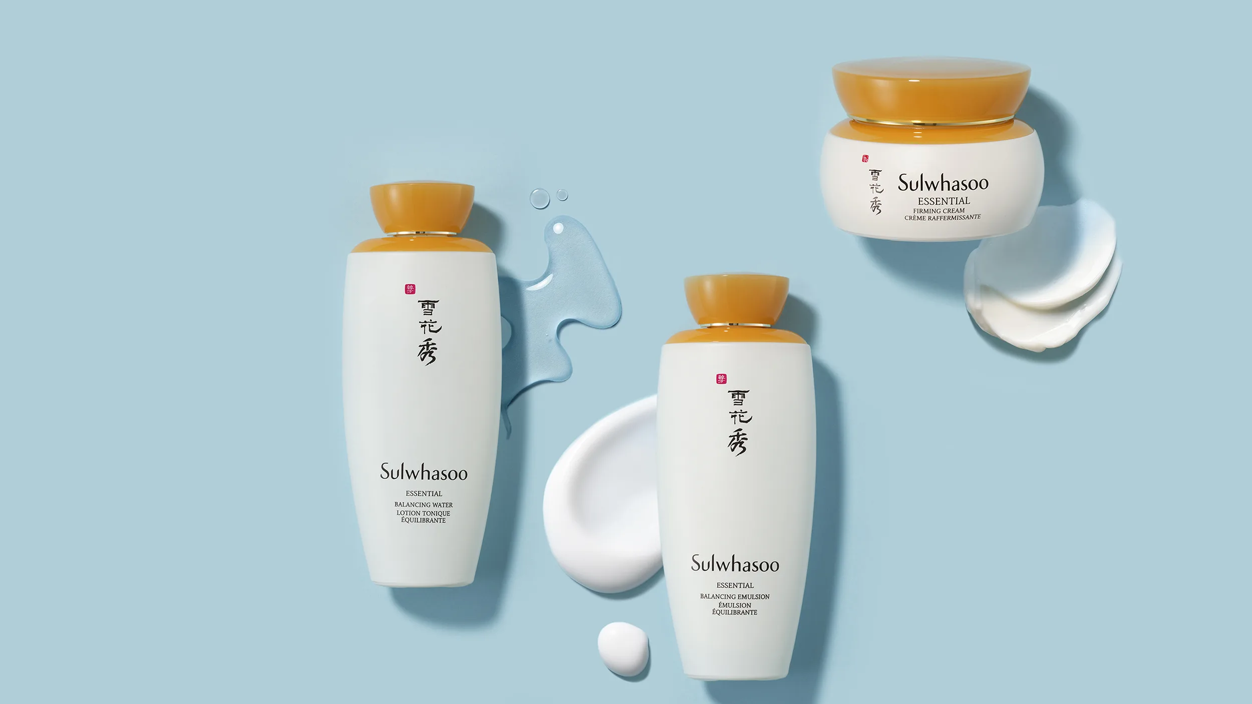 Prodotti Sulwhasoo, brand di cosmetici coreano che rappresenta l'onda Hallyu, con confezioni eleganti su sfondo azzurro.