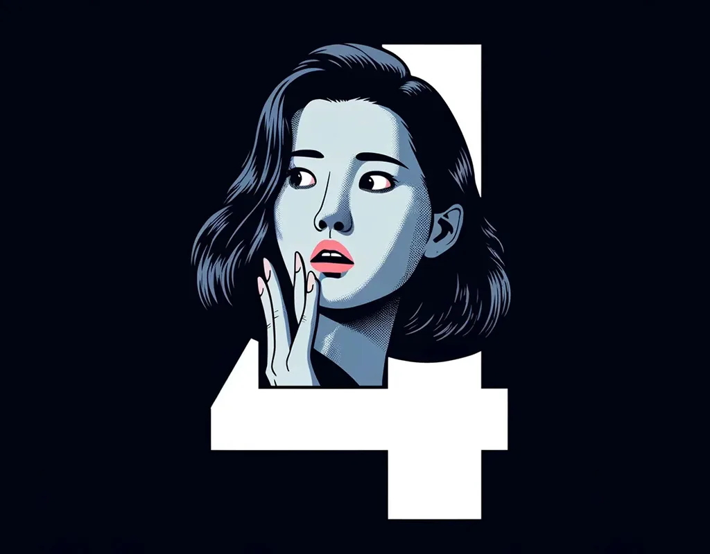 Illustrazione con il viso di una donna che mostra paura e il numero 4 che rappresentano la tetrafobia nell'UX design in Corea.