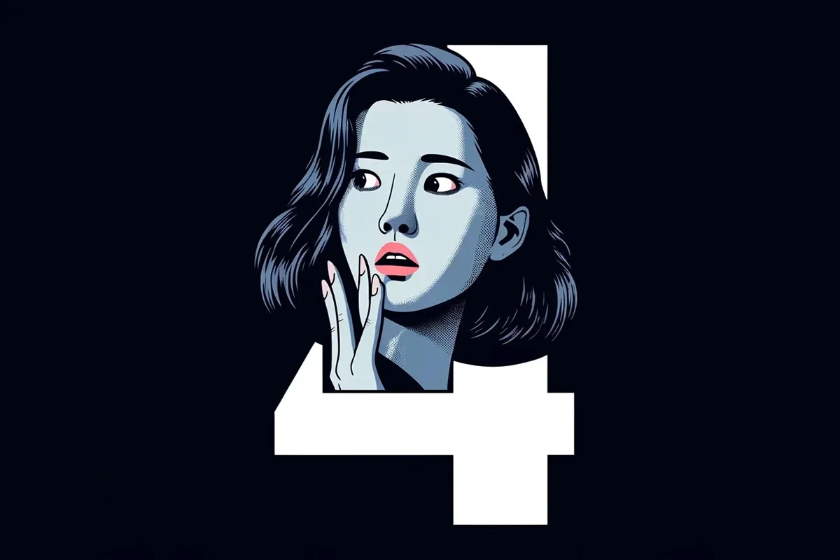 Illustrazione con il viso di una donna che mostra paura e il numero 4 che rappresentano la tetrafobia nell'UX design in Corea.