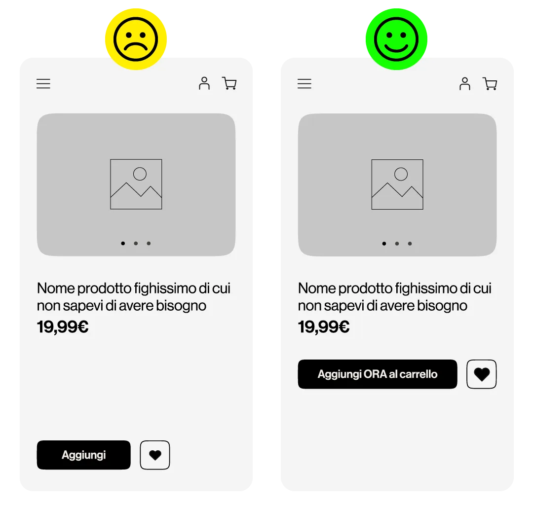 Wireframe UX della pagina di un carrello e-commerce applicando la legge di Fitts
