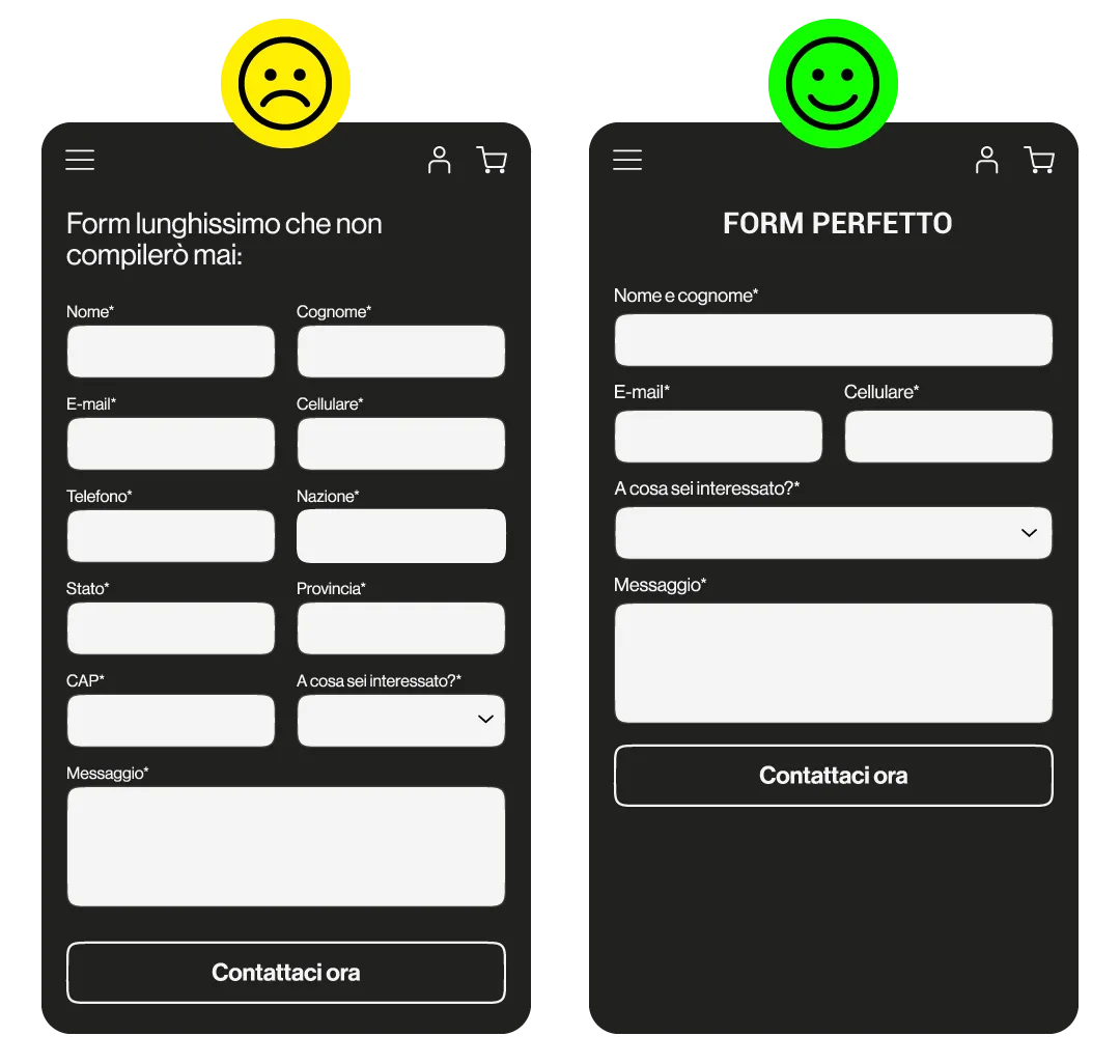 Wireframe UX della pagina contenente un form di contatto applicando la legge di Hick