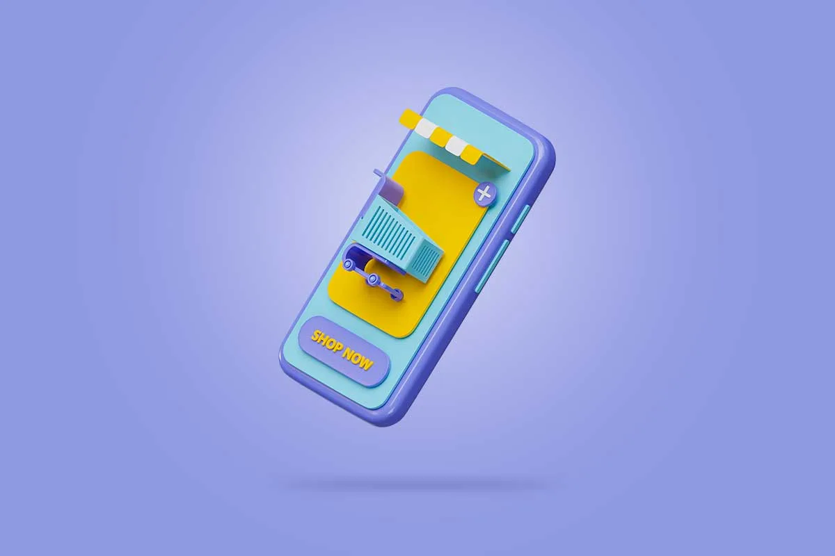 Immagine in 3D su sfondo viola di un cellulare con un carrello della spesa e un pulsante Shop Now. Scopri l'Importanza della UX negli E-commerce.