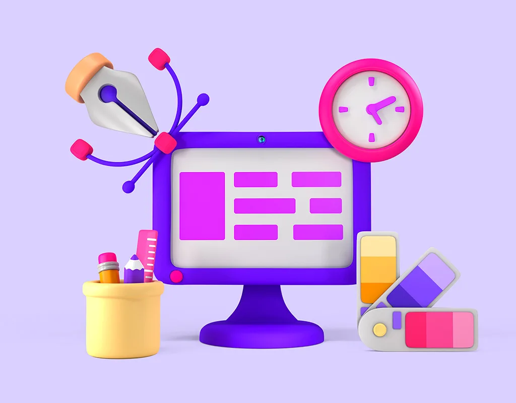 Illustrazione 3D colorata su sfondo viola che rappresenta strumenti creativi per il design grafico, inclusi un monitor con layout stilizzato, una penna grafica, un orologio rosa, una palette di colori e un contenitore con matite. Ideale per il tema "come scegliere il designer giusto".