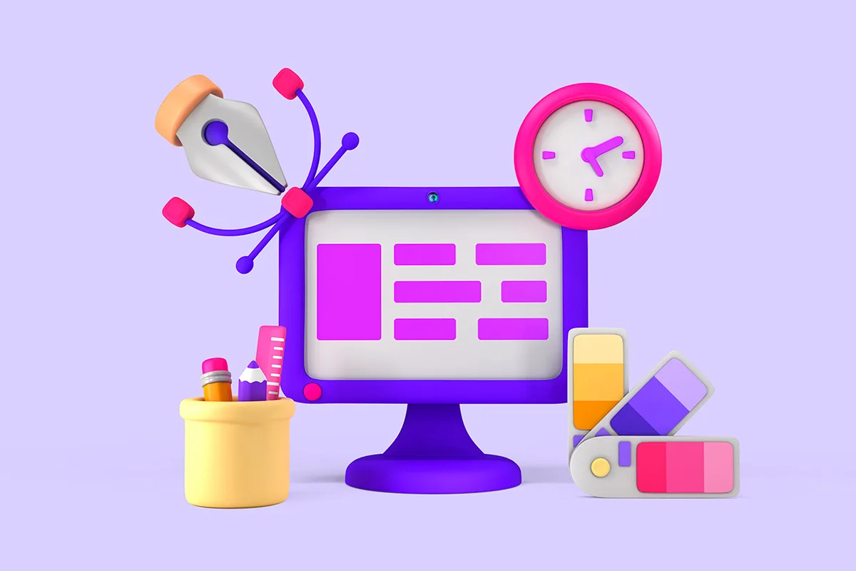 Illustrazione 3D colorata su sfondo viola che rappresenta strumenti creativi per il design grafico, inclusi un monitor con layout stilizzato, una penna grafica, un orologio rosa, una palette di colori e un contenitore con matite. Ideale per il tema "come scegliere il designer giusto".