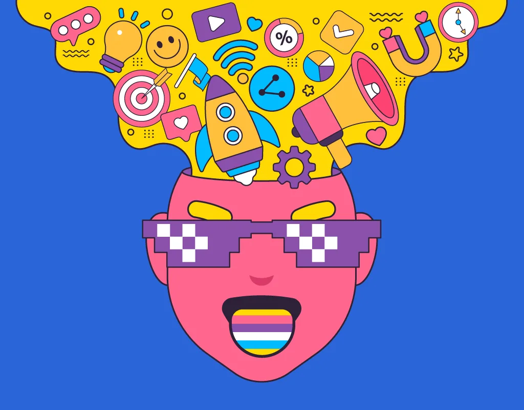 llustrazione colorata che rappresenta il processo creativo per creare una campagna pubblicitaria, con elementi come razzi, megafoni, bersagli e icone digitali che emergono da una testa stilizzata con occhiali pixelati.