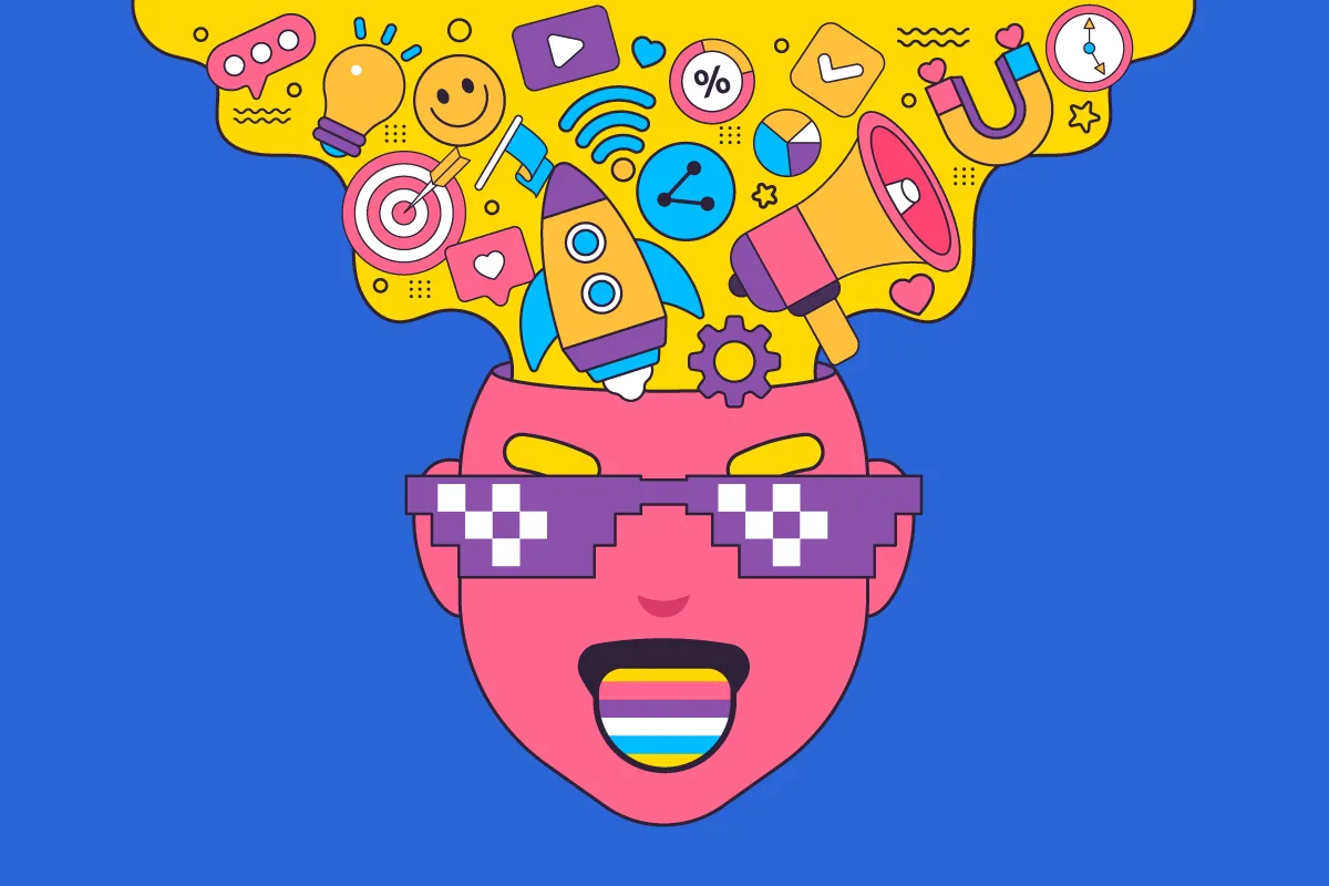 llustrazione colorata che rappresenta il processo creativo per creare una campagna pubblicitaria, con elementi come razzi, megafoni, bersagli e icone digitali che emergono da una testa stilizzata con occhiali pixelati.