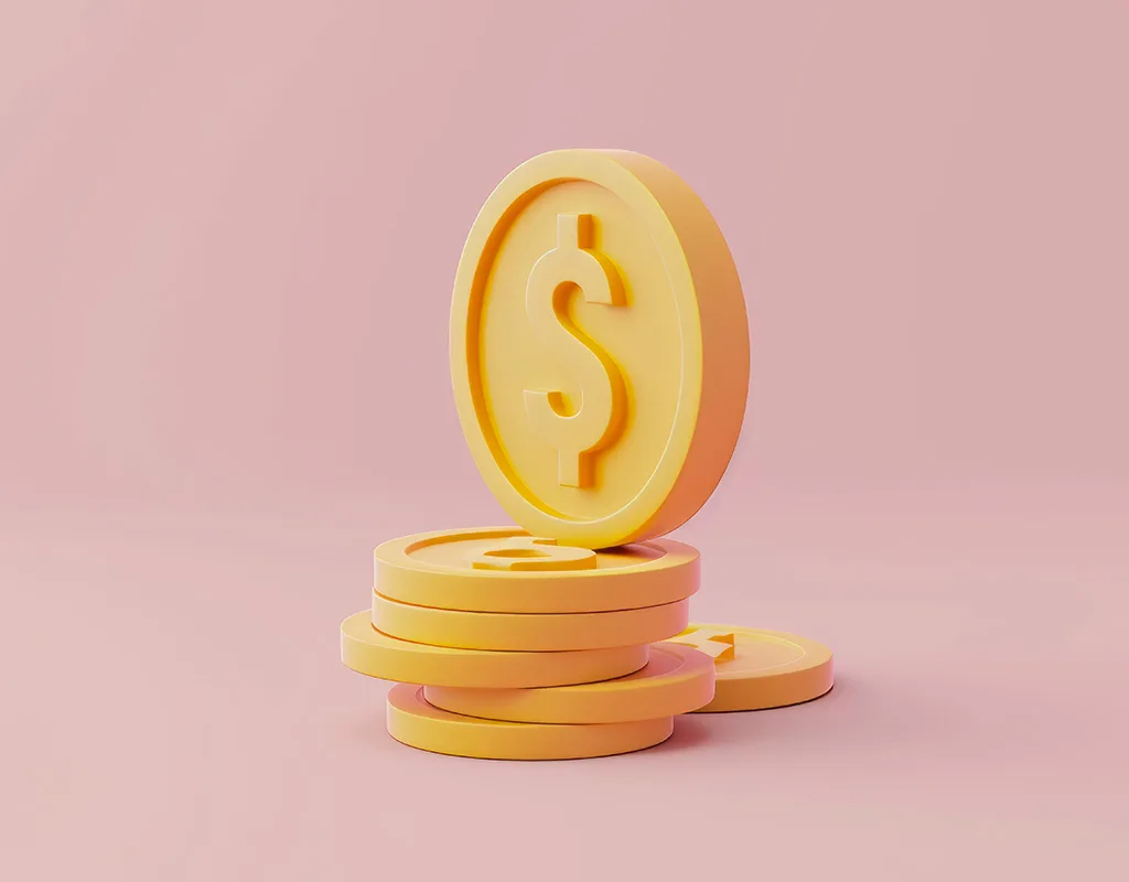 Illustrazione 3D di monete con simbolo del dollaro, che rappresenta le implicazioni finanziarie dei dazi nel settore del graphic design.