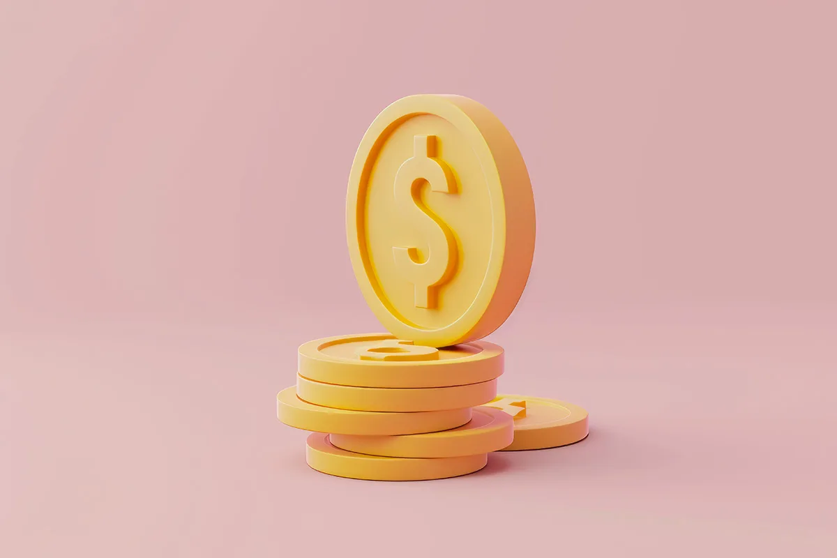 Illustrazione 3D di monete con simbolo del dollaro, che rappresenta le implicazioni finanziarie dei dazi nel settore del graphic design.