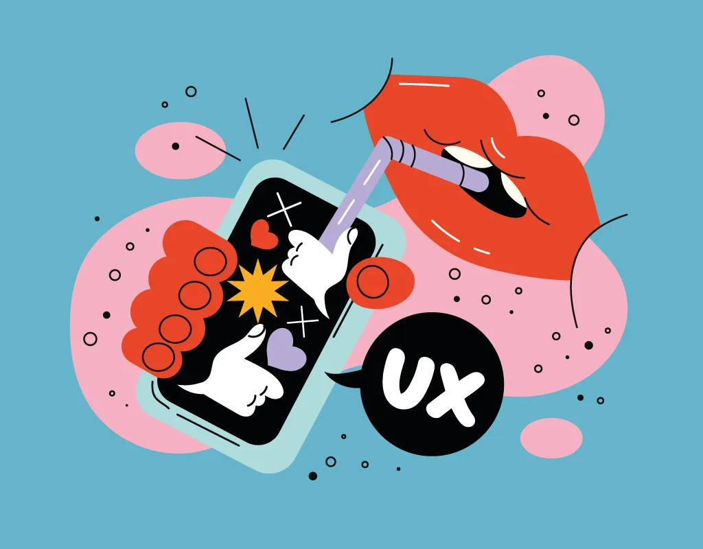 Illustrazione colorata che rappresenta il concetto di design empatico, con elementi grafici come una mano che interagisce con uno smartphone, cuori, stelle e una bocca stilizzata.
