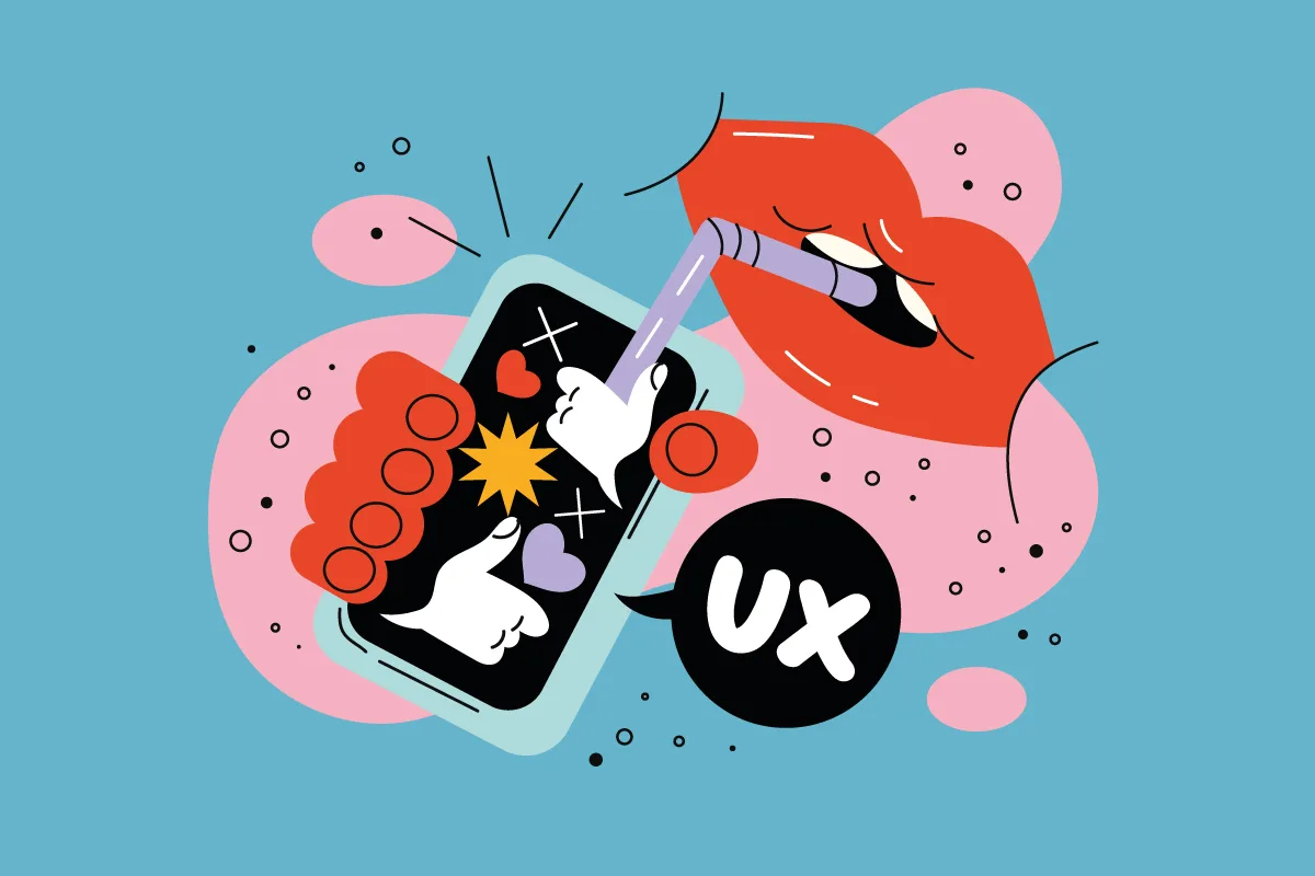 Illustrazione colorata che rappresenta il concetto di design empatico, con elementi grafici come una mano che interagisce con uno smartphone, cuori, stelle e una bocca stilizzata.