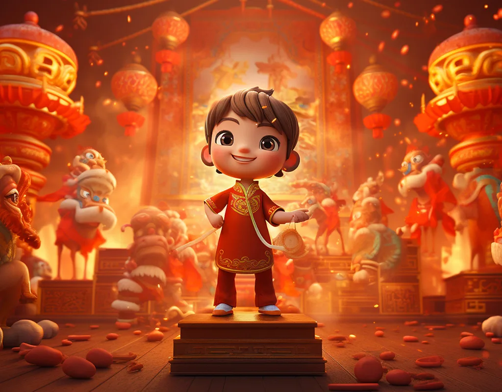 Personaggio in abiti tradizionali cinesi al centro di una scena festiva con draghi danzanti e lanterne rosse, rappresentazione simbolica legata alla gamification in Cina.