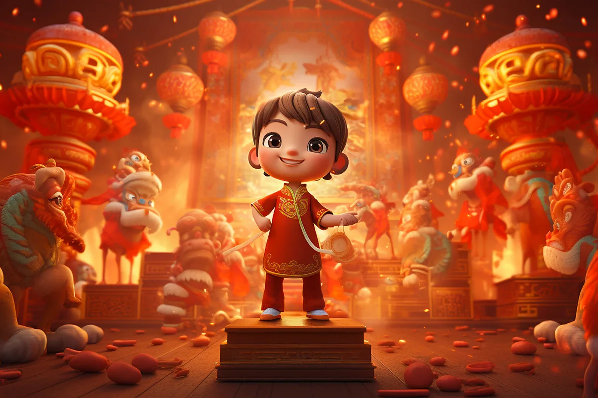 Personaggio in abiti tradizionali cinesi al centro di una scena festiva con draghi danzanti e lanterne rosse, rappresentazione simbolica legata alla gamification in Cina.