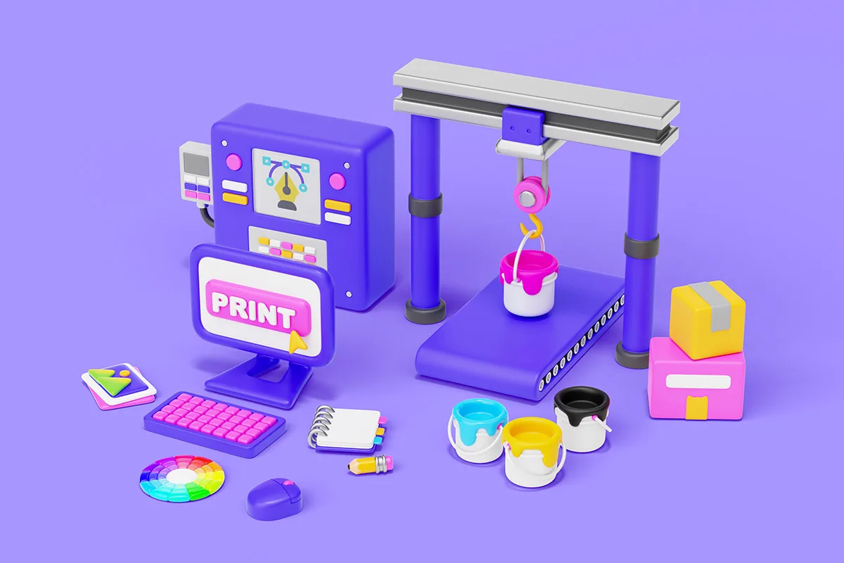 Illustrazione 3D di una postazione di lavoro per graphic design con computer, colori, stampante e altri strumenti creativi.