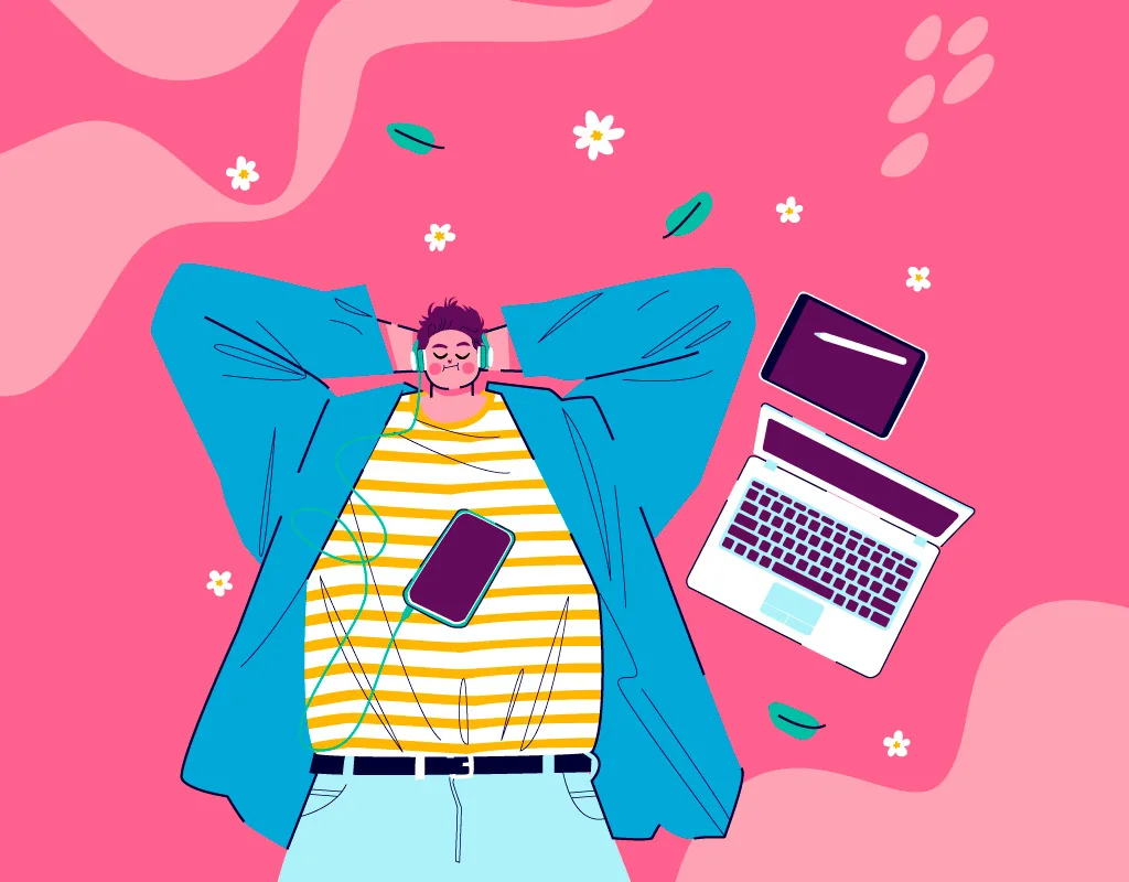 Illustrazione di un graphic designer freelance con le cuffie che si rilassa con un laptop e un tablet su uno sfondo rosa con fiori.
