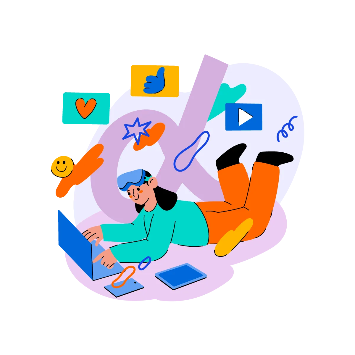 Illustrazione di una graphic designer freelance che lavora su un laptop con icone di social media galleggianti intorno.