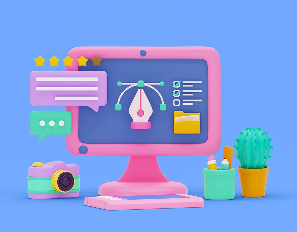 Rappresentazione 3D di un monitor rosa con strumenti di design grafico, inclusi icone vettoriali, cartelle e stelle di valutazione. Accanto al monitor ci sono una fotocamera, un cactus e materiali da ufficio su sfondo blu.