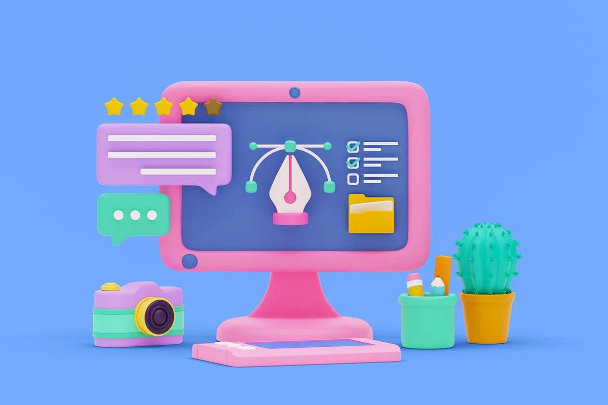 Rappresentazione 3D di un monitor rosa con strumenti di design grafico, inclusi icone vettoriali, cartelle e stelle di valutazione. Accanto al monitor ci sono una fotocamera, un cactus e materiali da ufficio su sfondo blu.