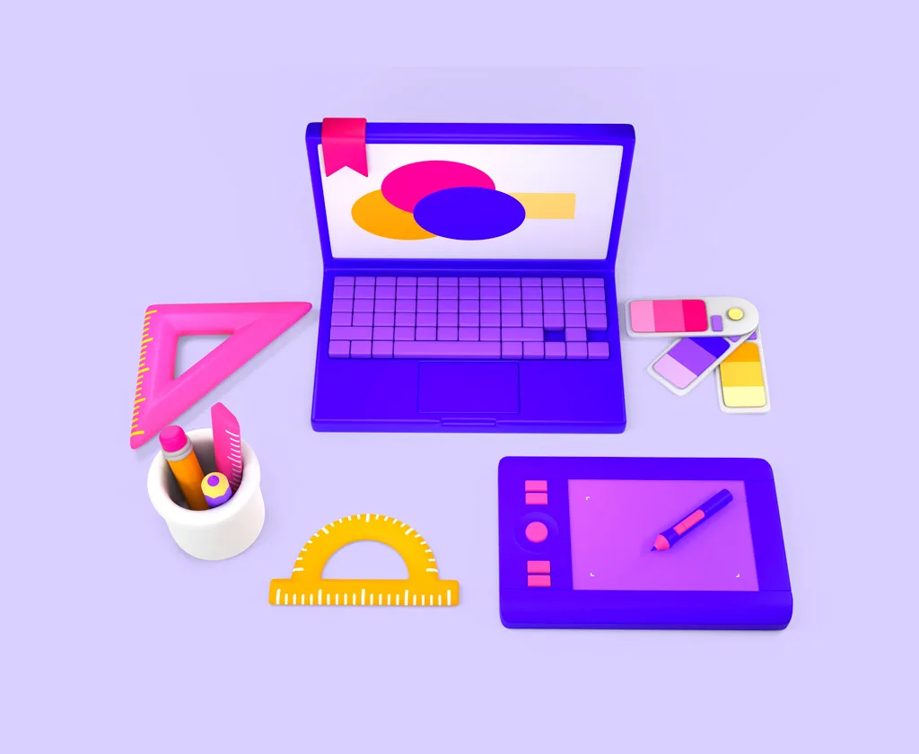 Quanto costa un logo? Illustrazione in 3D con gli strumenti di un graphic designer. Un laptop una tavoletta grafica, la palette dei colori, pennarelli e righelli.