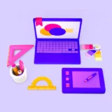 Quanto costa un logo? Illustrazione in 3D con gli strumenti di un graphic designer. Un laptop una tavoletta grafica, la palette dei colori, pennarelli e righelli.