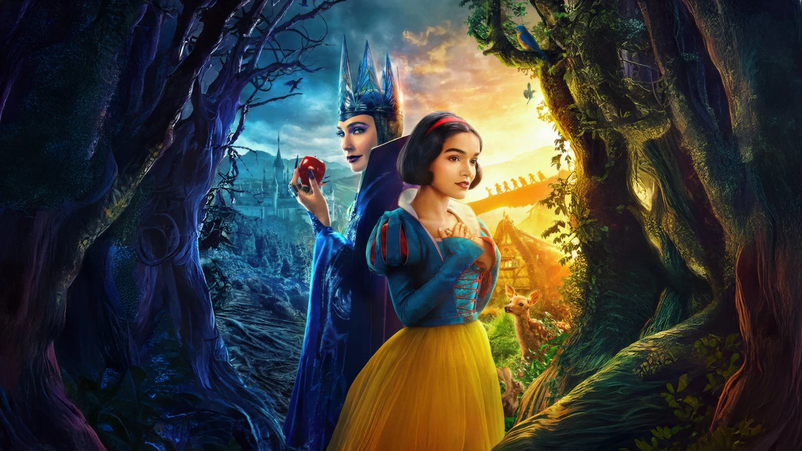 L'immagine mostra Biancaneve (Rachel Zegler) e la Regina Cattiva (Gal Gadot) in un poster promozionale per il film "Biancaneve" del 2025. La strategia di marketing di Biancaneve sembra puntare su un mix di nostalgia e modernizzazione. Biancaneve è vestita con il suo abito classico e la Regina Cattiva è dietro di lei con una mela rossa in mano.