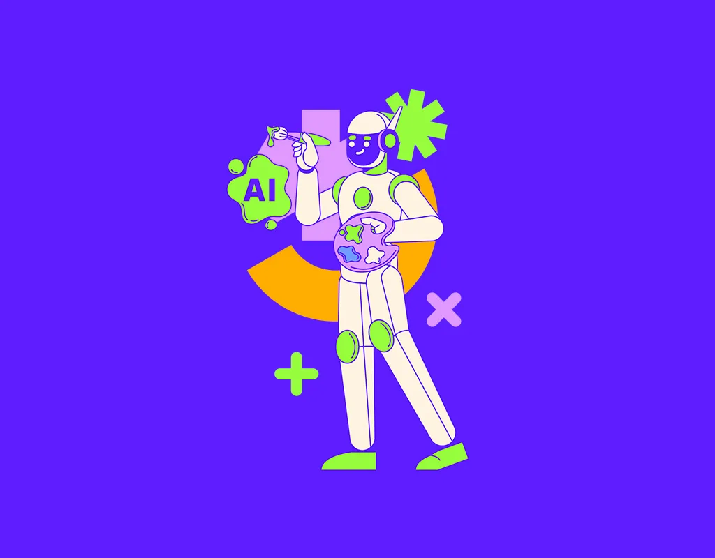 Illustrazione che rappresenta l'integrazione dell'AI nel branding, con un robot che tiene in mano un pennello e una tavolozza, circondato da forme geometriche e la scritta "AI". Lo sfondo è viola acceso.