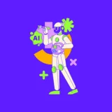 Illustrazione che rappresenta l'integrazione dell'AI nel branding, con un robot che tiene in mano un pennello e una tavolozza, circondato da forme geometriche e la scritta "AI". Lo sfondo è viola acceso.
