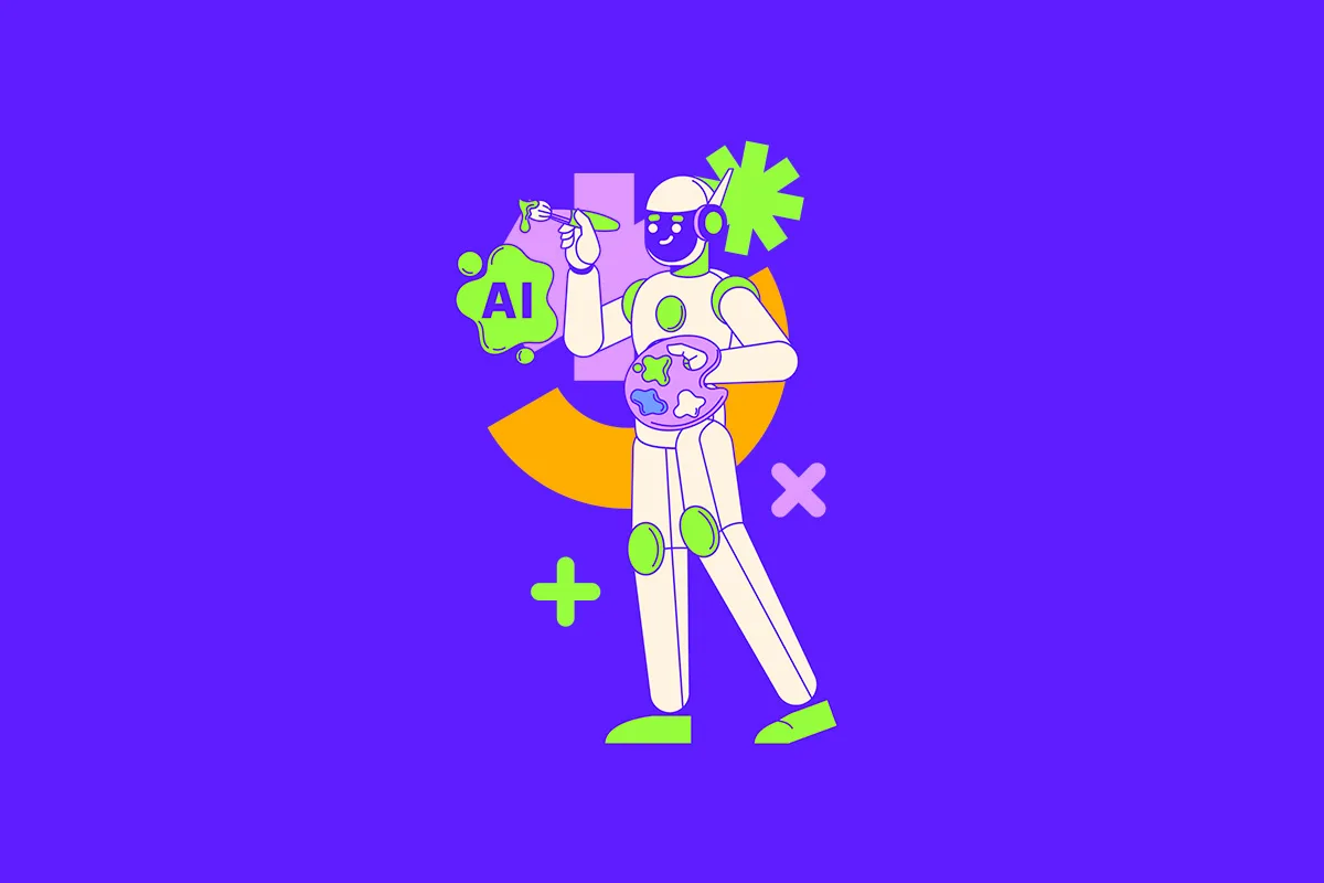 Illustrazione che rappresenta l'integrazione dell'AI nel branding, con un robot che tiene in mano un pennello e una tavolozza, circondato da forme geometriche e la scritta "AI". Lo sfondo è viola acceso.