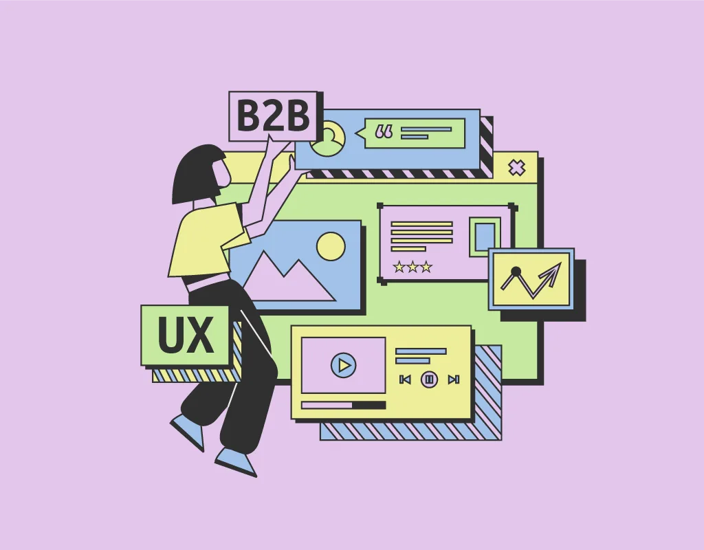 Illustrazione concettuale del B2B e User Experience: elementi di interfaccia utente, grafici, contenuti multimediali e una persona che lavora sull'esperienza utente