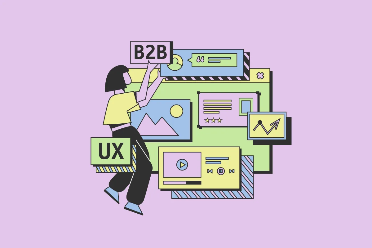 Illustrazione concettuale del B2B e User Experience: elementi di interfaccia utente, grafici, contenuti multimediali e una persona che lavora sull'esperienza utente