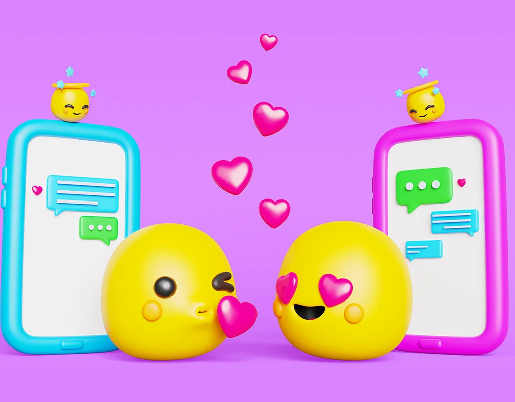 Rendering 3D di due emoji gialle innamorate con telefoni cellulari e cuori su sfondo viola che rappresenta il Linguaggio Visivo degli Adolescenti.
