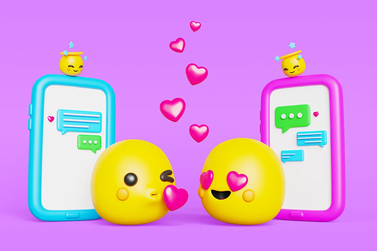 Rendering 3D di due emoji gialle innamorate con telefoni cellulari e cuori su sfondo viola che rappresenta il Linguaggio Visivo degli Adolescenti.