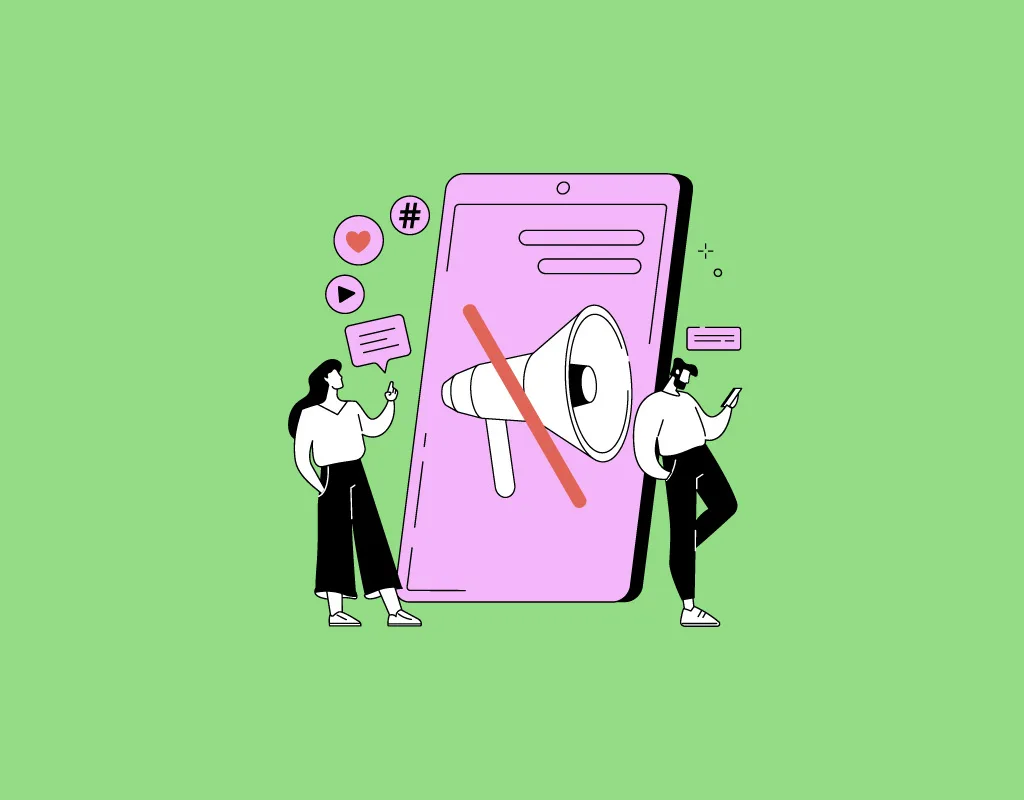 Illustrazione vettoriale sul silenzio nel marketing con sfondo verde che mostra due persone ai lati di un grande smartphone viola con un megafono barrato sopra, simboli di notifiche social accanto.