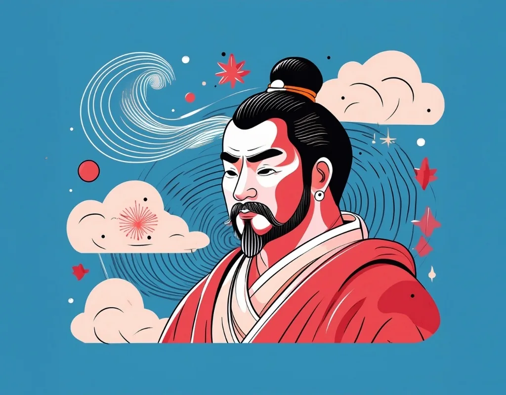 Un'illustrazione in stile pop-art raffigurante Sun Tzu, il celebre stratega militare cinese. L'immagine utilizza colori vivaci e linee stilizzate, con uno sfondo astratto che include nuvole, onde e simboli grafici ispirati alla tradizione orientale. L'espressione del generale trasmette saggezza e determinazione, evocando i principi strategici de L'Arte della Guerra.