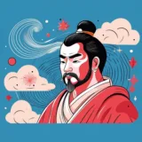 Un'illustrazione in stile pop-art raffigurante Sun Tzu, il celebre stratega militare cinese. L'immagine utilizza colori vivaci e linee stilizzate, con uno sfondo astratto che include nuvole, onde e simboli grafici ispirati alla tradizione orientale. L'espressione del generale trasmette saggezza e determinazione, evocando i principi strategici de L'Arte della Guerra.