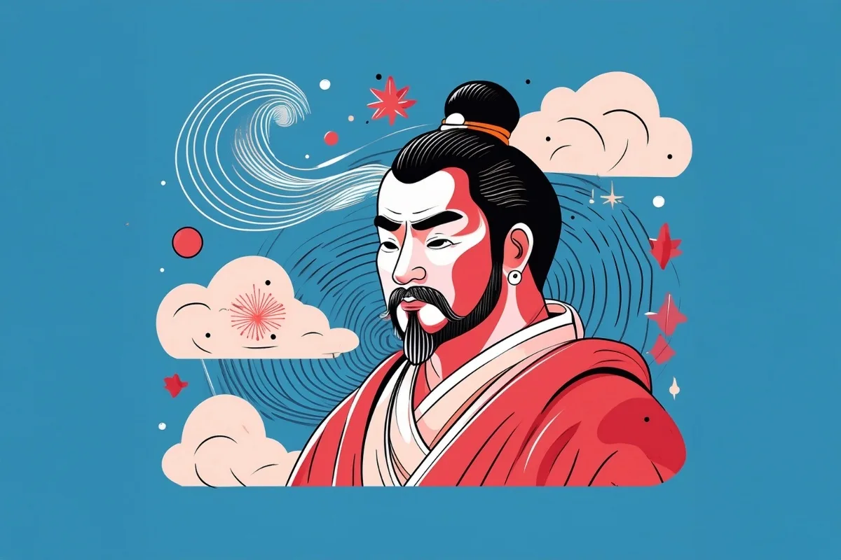 Un'illustrazione in stile pop-art raffigurante Sun Tzu, il celebre stratega militare cinese. L'immagine utilizza colori vivaci e linee stilizzate, con uno sfondo astratto che include nuvole, onde e simboli grafici ispirati alla tradizione orientale. L'espressione del generale trasmette saggezza e determinazione, evocando i principi strategici de L'Arte della Guerra.