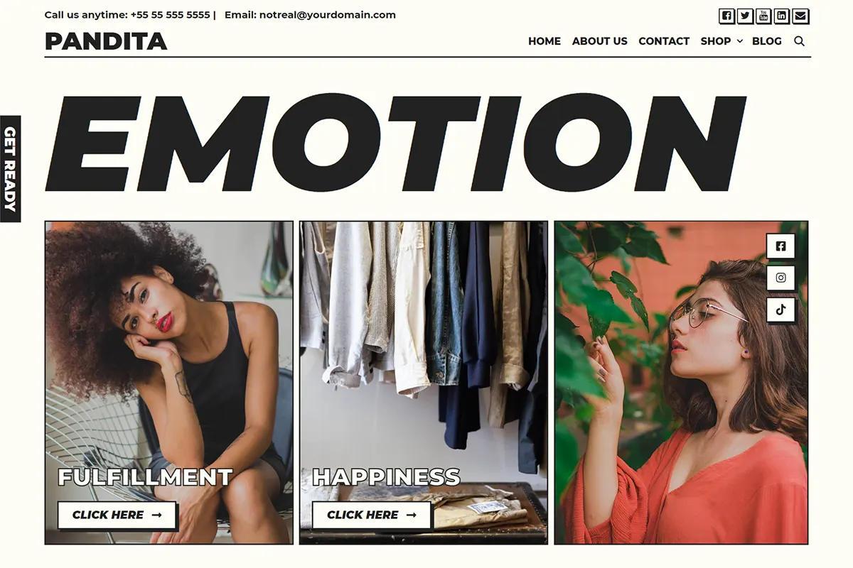 Pandita: esempio di web design brutalista per la moda. Homepage del sito Pandita con grande scritta "EMOTION", layout a griglia e immagini di moda e lifestyle.