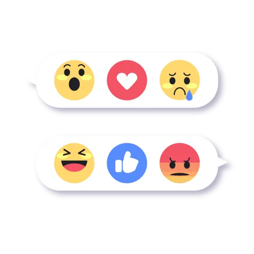 Una grafica di reazioni emoji tra cui sorpresa, amore, tristezza, risata, pollice in su e rabbia.
