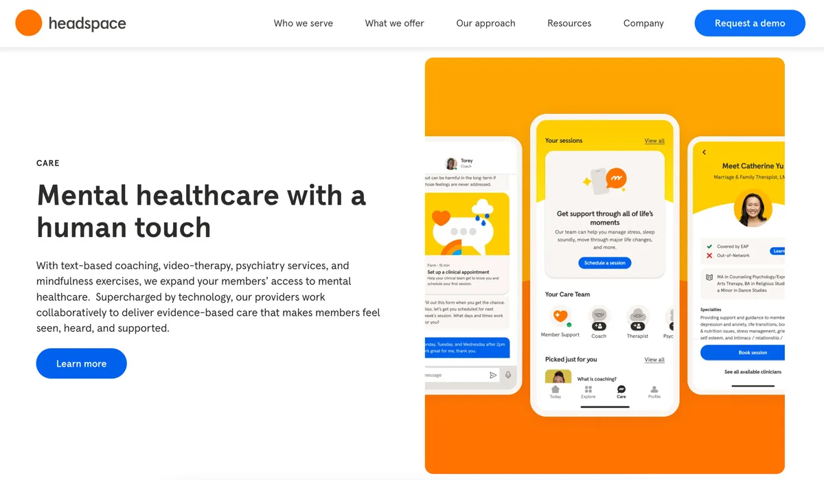 Screenshot della sezione For Business del sito Headspace con focus su benessere mentale per aziende e dipendenti.