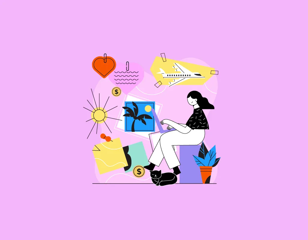 Illustrazione di una designer nomade con immagini di viaggio, laptop e gatto al seguito.