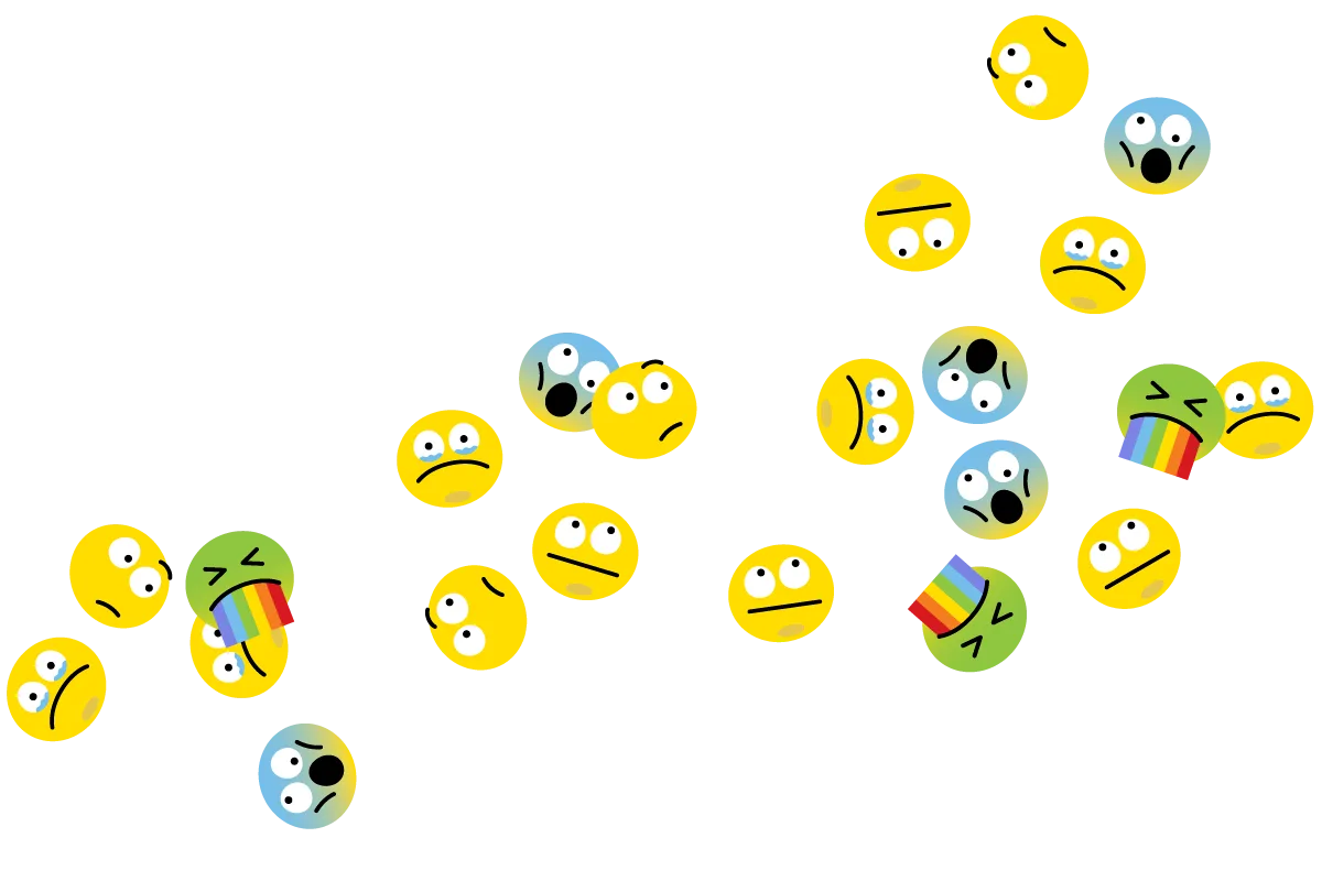 Immagine di numerose emoji con espressioni diverse, tra cui faccine sorprese, tristi, confuse e due emoji verdi che vomitano arcobaleni, su sfondo bianco.