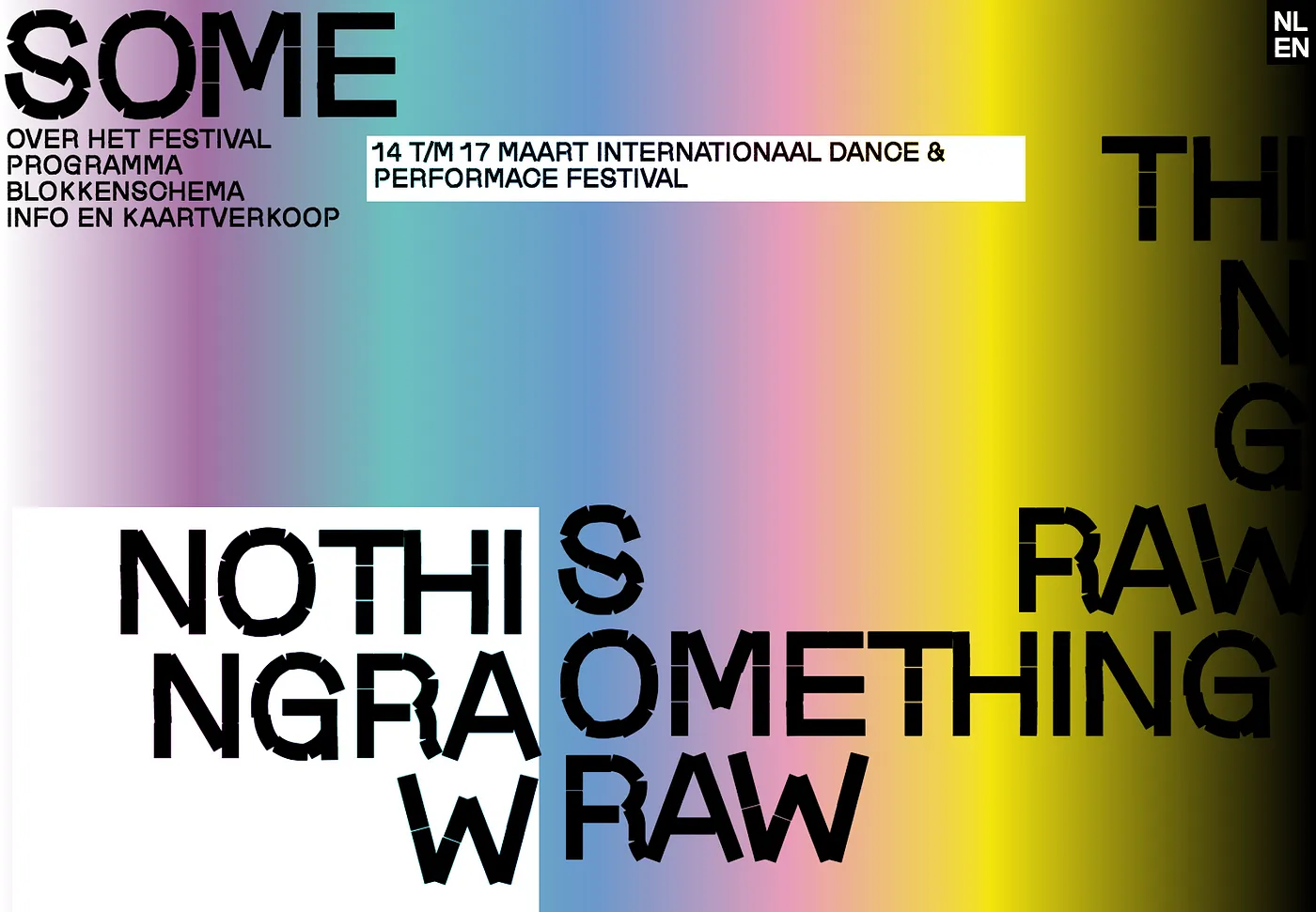 Design del sito web Something Raw per il festival di danza internazionale con gradienti colorati e tipografia audace e caotica.