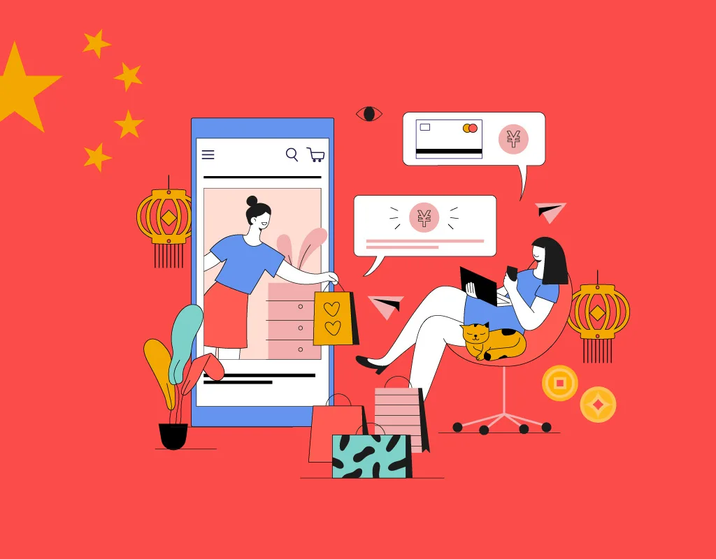 Marketing e benessere in Cina: illustrazione di una donna che acquista online, circondata da elementi di comfort e simboli culturali cinesi.