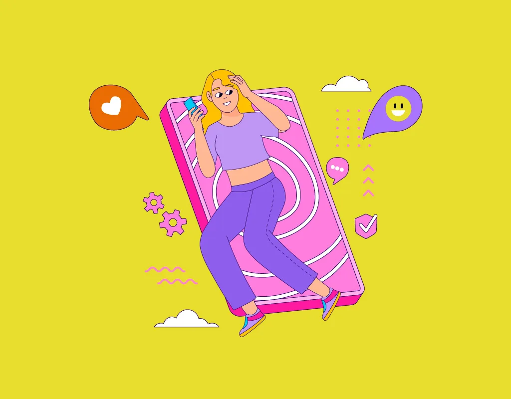 Illustrazione che rappresenta la progettazione del design per la Generazione Z. Una ragazza con lo smartphone e i simboli di like, chat, emoji su sfondo giallo acido.