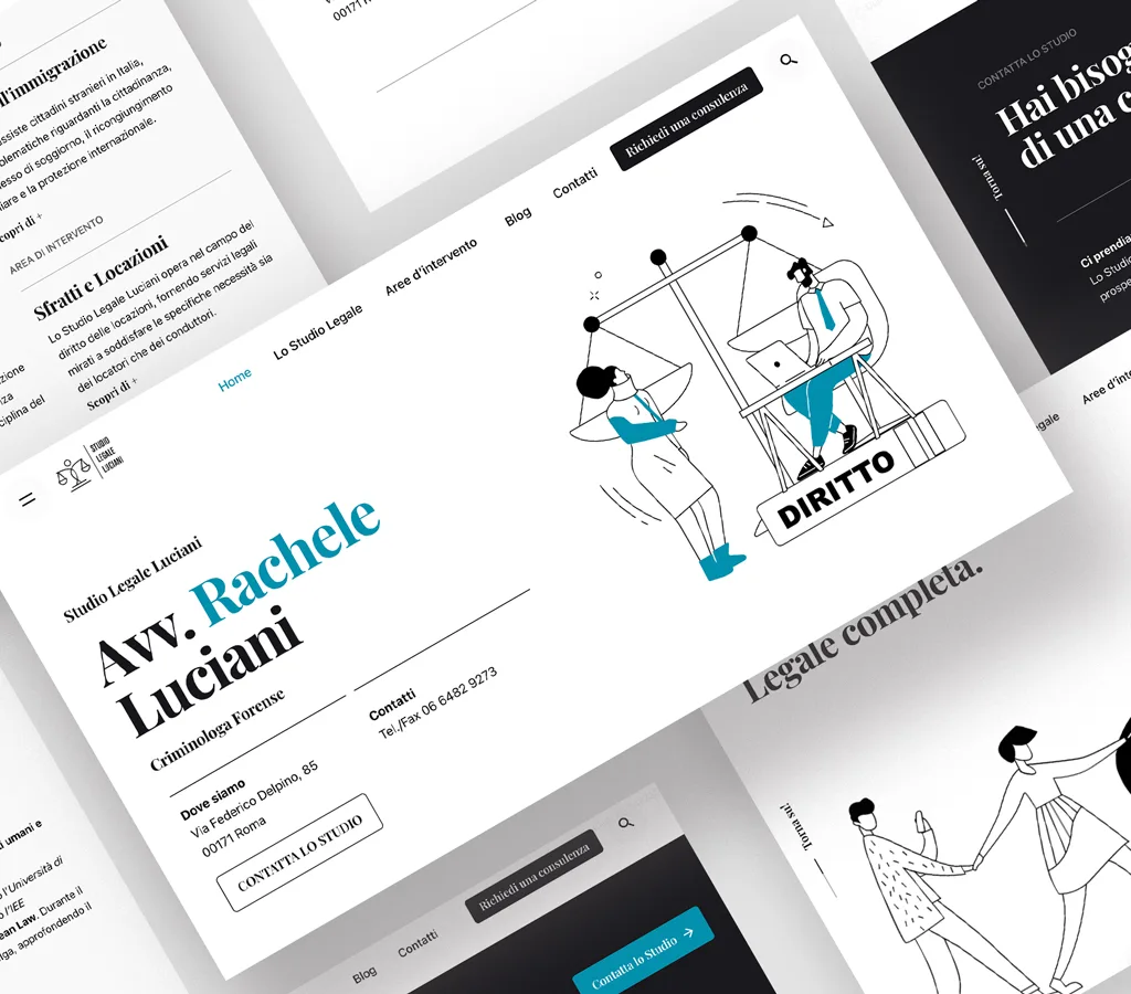 Layout del sito web dello Studio Legale Luciani che presenta illustrazioni nell'UX raffiguranti temi legali, come una bilancia della giustizia, insieme alle aree di intervento dello studio e le informazioni di contatto dell'Avv. Rachele Luciani.