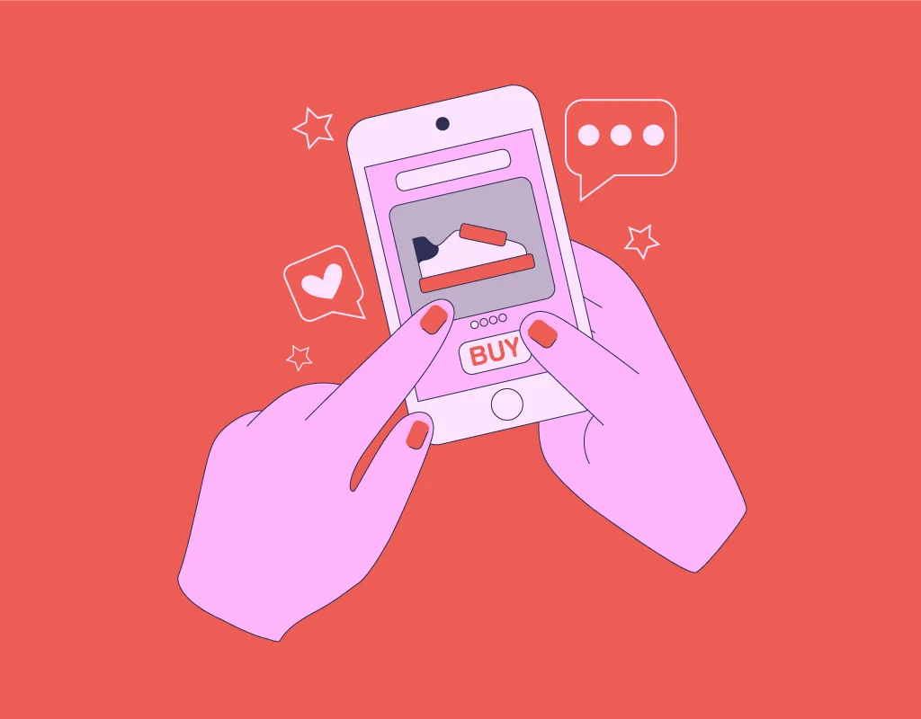 Illustrazione di una persona che utilizza uno smartphone per acquistare un prodotto online, rappresentando il concetto di social selling.